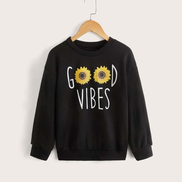 

Girls Letter And Sunflower Print Drop Shoulder Pullover, Black