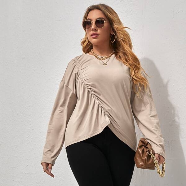 

Plus Drop Shoulder Ruched Tee, Apricot