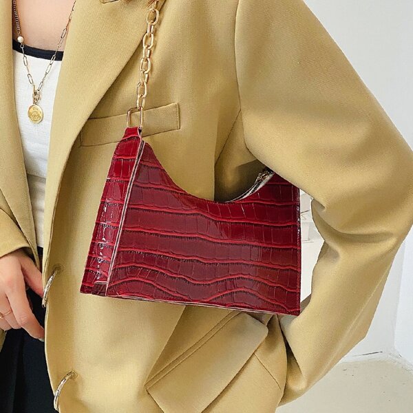 

Croc Embossed Chain Shoulder Bag, Burgundy
