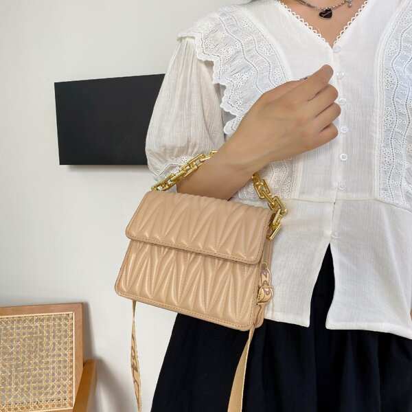 

Textured Flap Chain Satchel Bag, Khaki