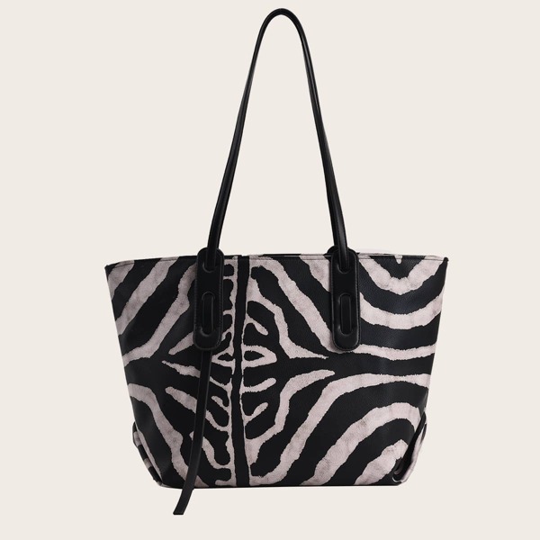 

Litchi Embossed Two Tone Shoulder Tote Bag, Black and white