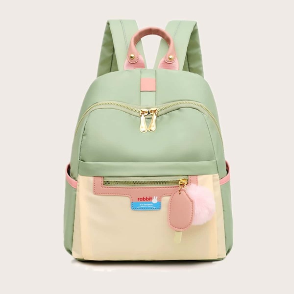

Colorblock Cartoon Graphic Backpack With Bag Charm, Green