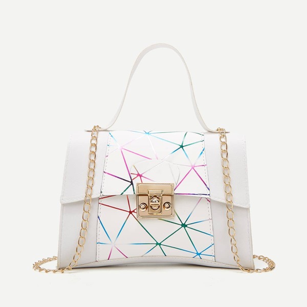 

Colorblock Geometric Pattern Chain Square Bag, White
