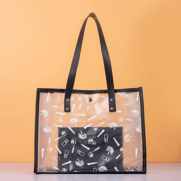

Clear Graphic Tote Bag With Inner Pouch, Black