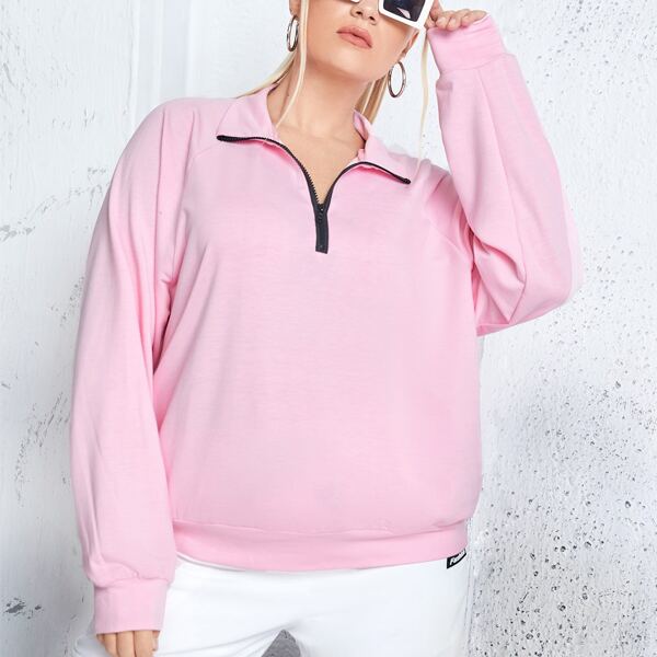 

Plus Half Zipper Drop Shoulder Sweatshirt, Baby pink