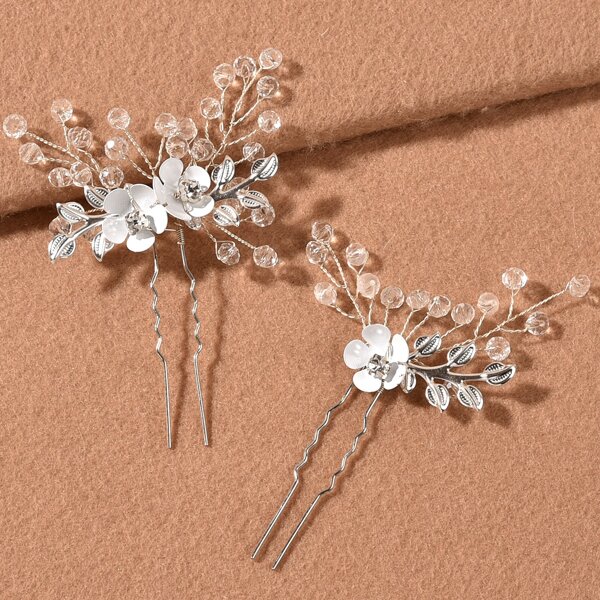 

2pcs Flower Decor Hair Pin, Silver