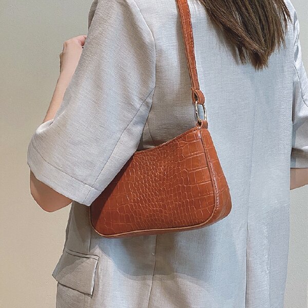 

Croc Embossed Baguette Bag, Brown
