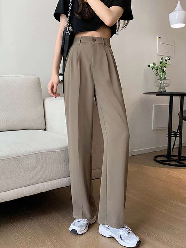 Solid Straight Leg Tailored Pants Casual Spring