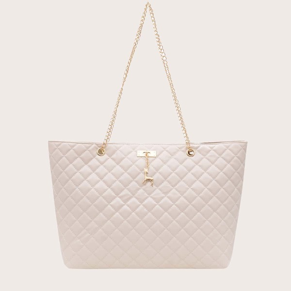 

Quilted Pattern Shoulder Tote Bag, White