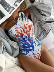 Coral Print One Shoulder One Piece Swimsuit, For Summer Beach Vacation - Multicolor - View 1