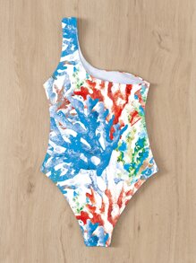 Coral Print One Shoulder One Piece Swimsuit, For Summer Beach Vacation - Multicolor - View 2