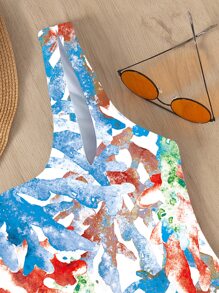 Coral Print One Shoulder One Piece Swimsuit, For Summer Beach Vacation - Multicolor - View 3