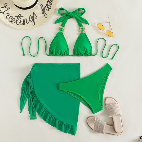 

3pack Halter Micro Triangle Bikini Swimsuit & Beach Skirt, Green