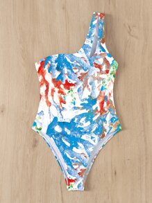 Coral Print One Shoulder One Piece Swimsuit, For Summer Beach Vacation - Multicolor - View 4