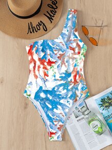 Coral Print One Shoulder One Piece Swimsuit, For Summer Beach Vacation - Multicolor - View 5
