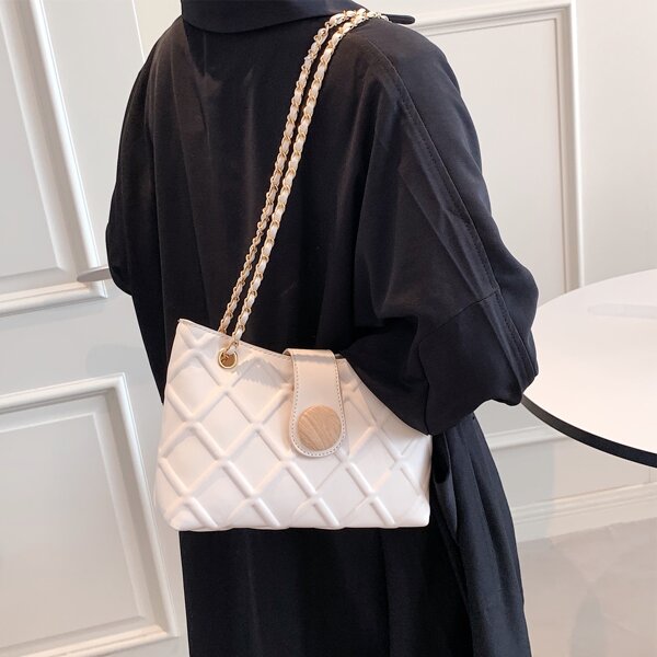 

Solid Embossed Chain Shoulder Bag, Beige