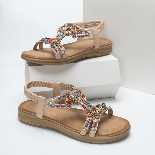 

Rhinestone & Beaded Decor Flat Sandals, Apricot