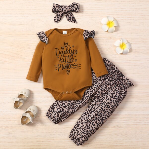 

Baby Letter & Leopard Ruffle Tee Bodysuit & Pants & Headband, Multicolor