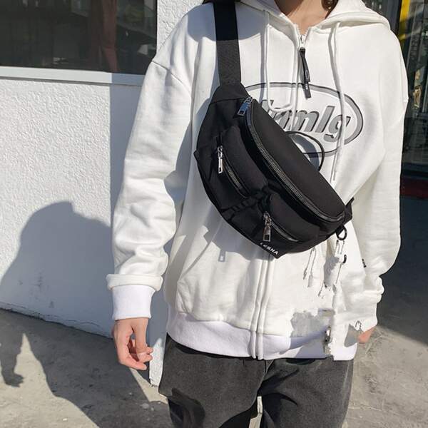 

Solid Letter Pocket Front Fanny Pack, Black