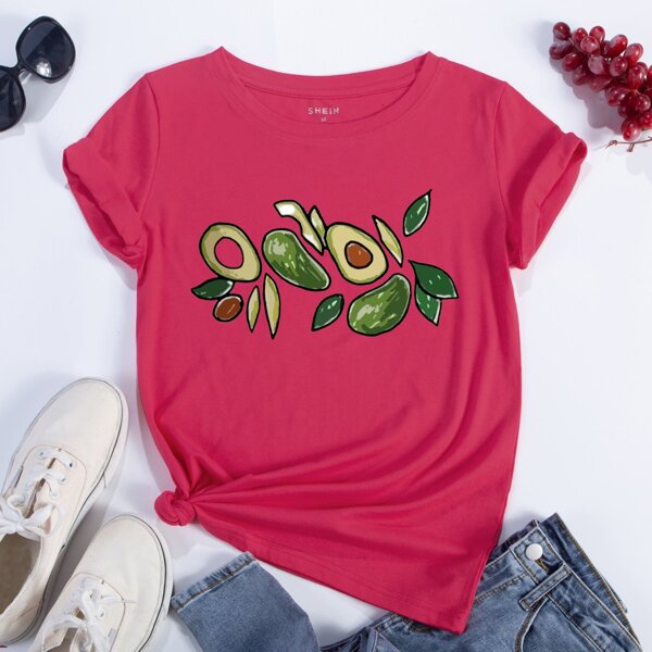 

Avocado Print Round Neck Tee, Red