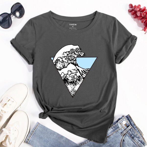 

Wave Print Round Neck Tee, Dark grey