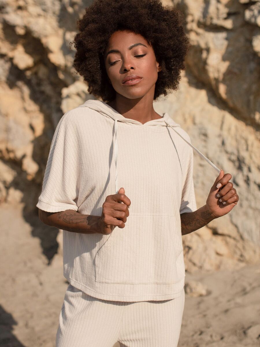 SHEIN Kangaroo Pocket Hooded Tee - Beige - View 1