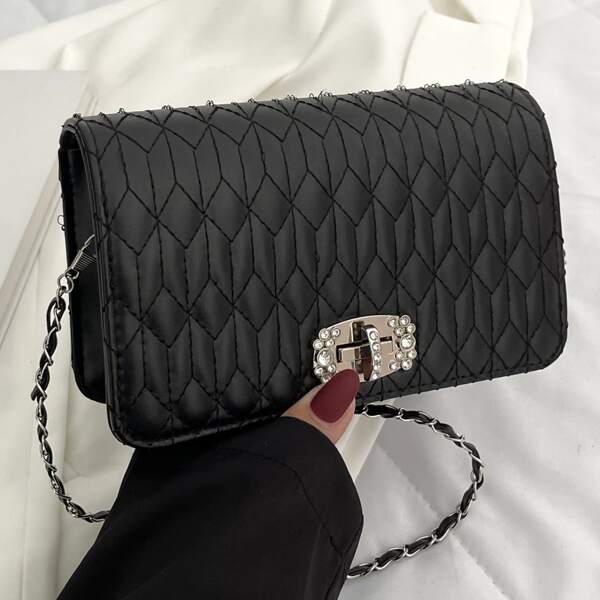

Rhinestone Decor Twist Lock Chain Crossbody Bag, Black