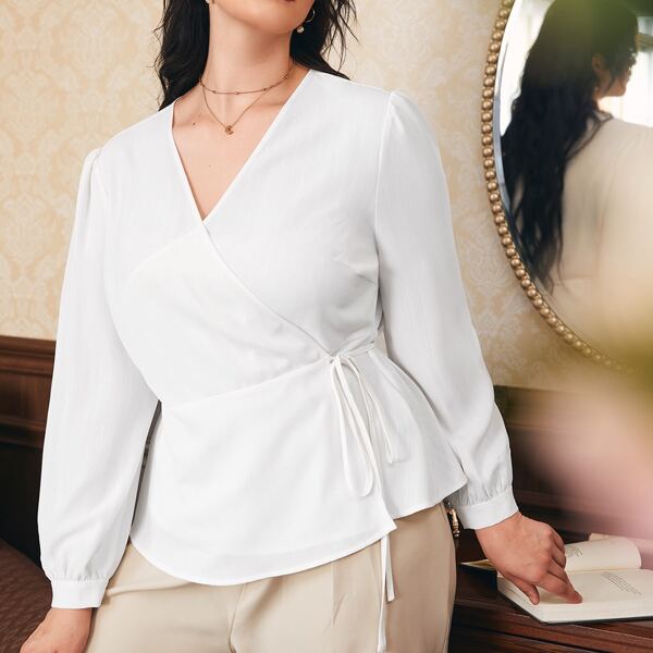 

Plus Solid Wrap Knot Side Blouse, White