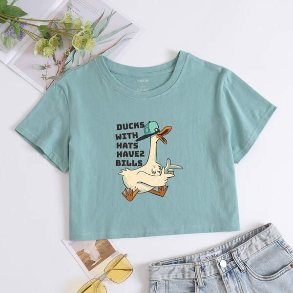 

Duck & Slogan Print Round Neck Tee, Cadet blue