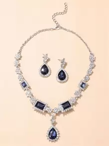 Rhinestone Decor Necklace & Drop Earrings - Blue - View 1