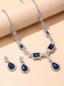 Rhinestone Decor Necklace & Drop Earrings - Blue - View 2