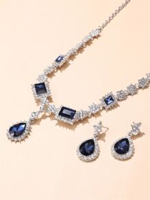 Rhinestone Decor Necklace & Drop Earrings - Blue - View 3