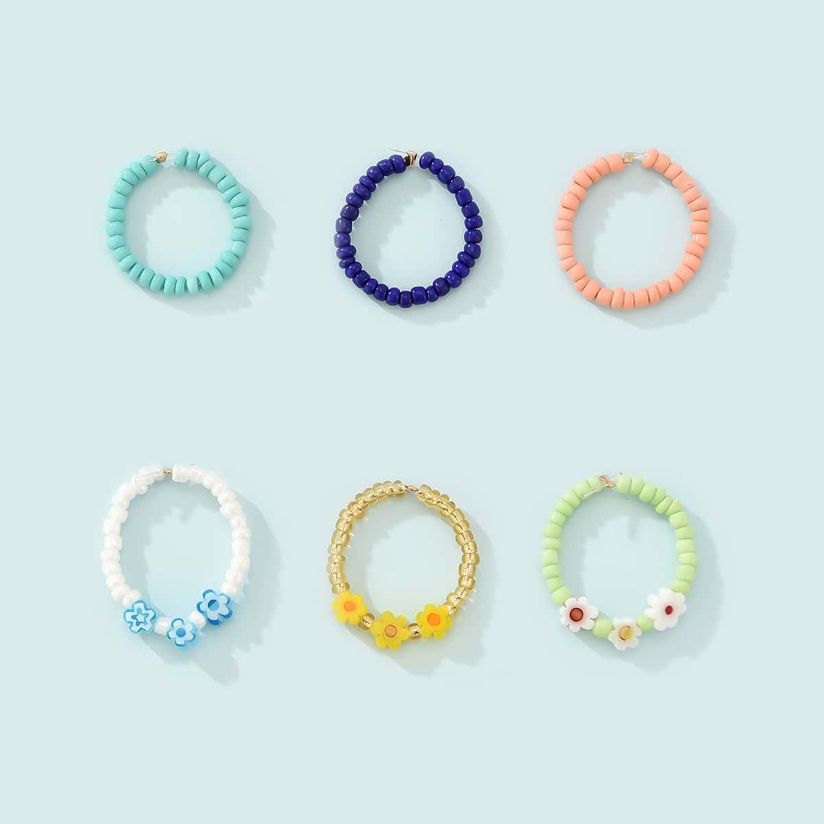 

6pcs Floral Decor Beaded Ring, Multicolor