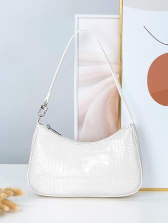 Women Fashionable Versatile Solid Color Crocodile Pattern Underarm Bag
