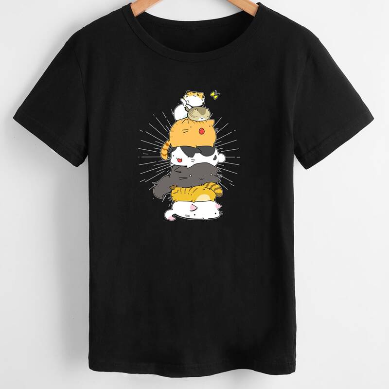 

Cartoon Cat Graphic Tee, Black