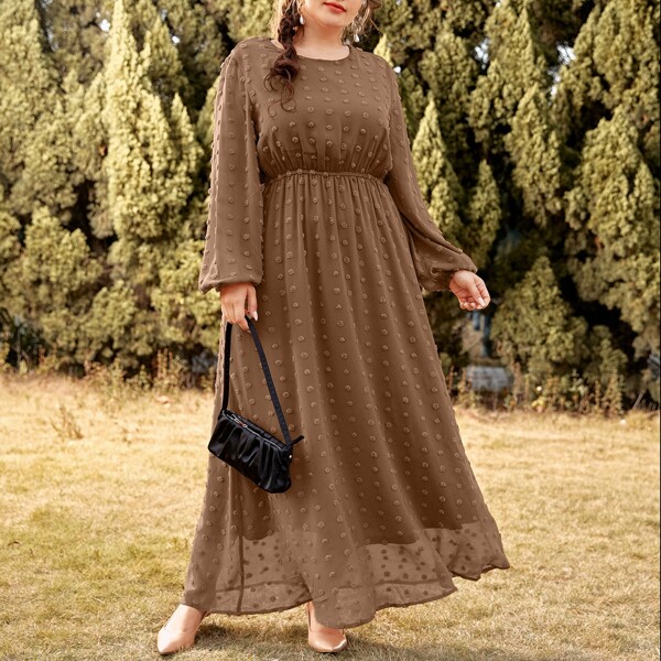 

Plus Swiss Dot Bishop Sleeve Maxi A-line Dress, Brown