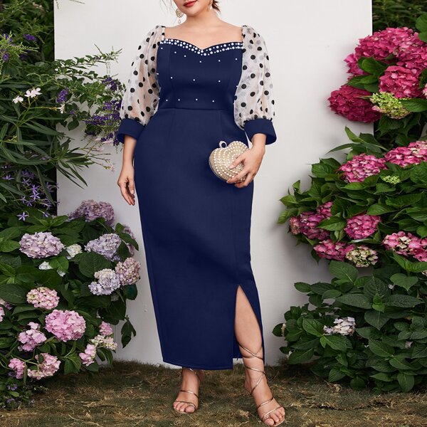 

Plus Pearls Contrast Dobby Mesh Sleeve Fitted Dress, Navy blue