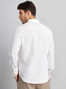 Manfinity VCAY 男士棉素色前排扣襯衫 - 白色 - 查看 2