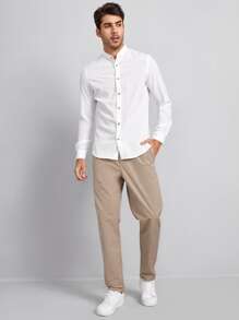 Manfinity VCAY 男士棉素色前排扣襯衫 - 白色 - 查看 4