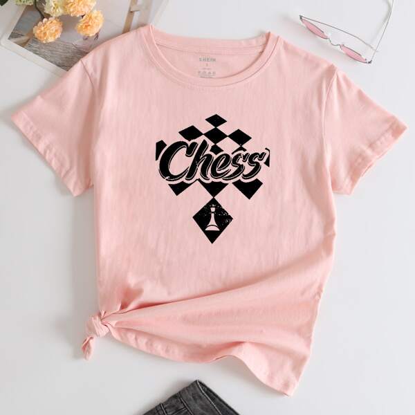 

Checkerboard And Letter Graphic Tee, Baby pink