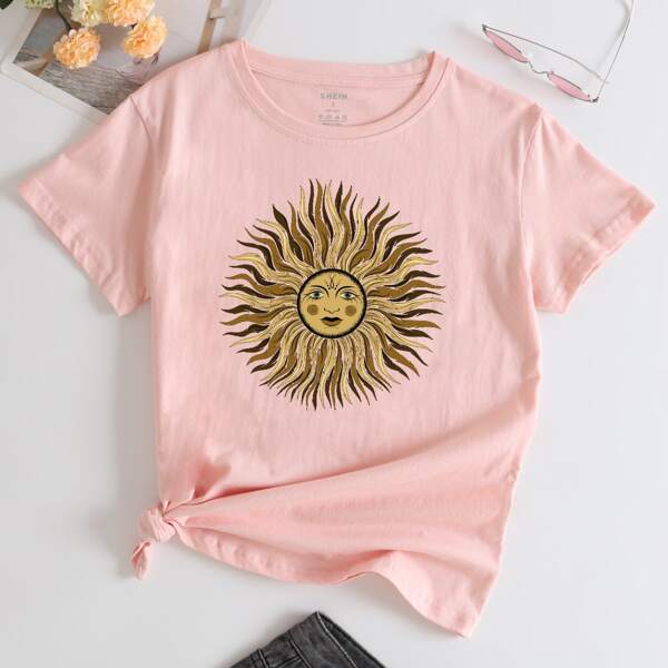 

Sun Print And Figure Graphic Tee, Baby pink