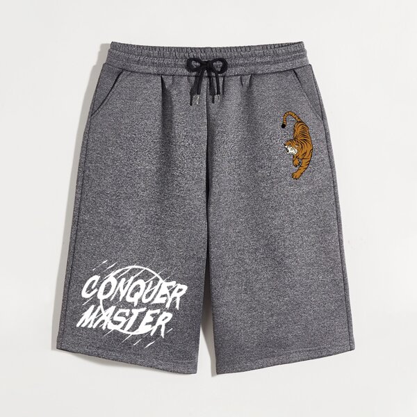 

Men Letter And Tiger Print Drawstring Shorts, Dark grey