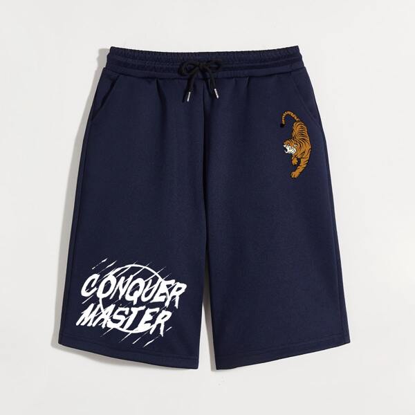 

Men Letter And Tiger Print Drawstring Shorts, Navy blue