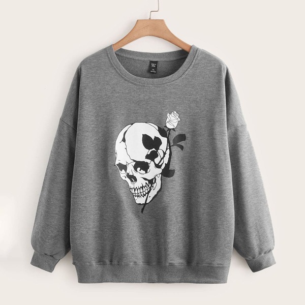 

Plus Skull & Floral Print Sweatshirt, Grey