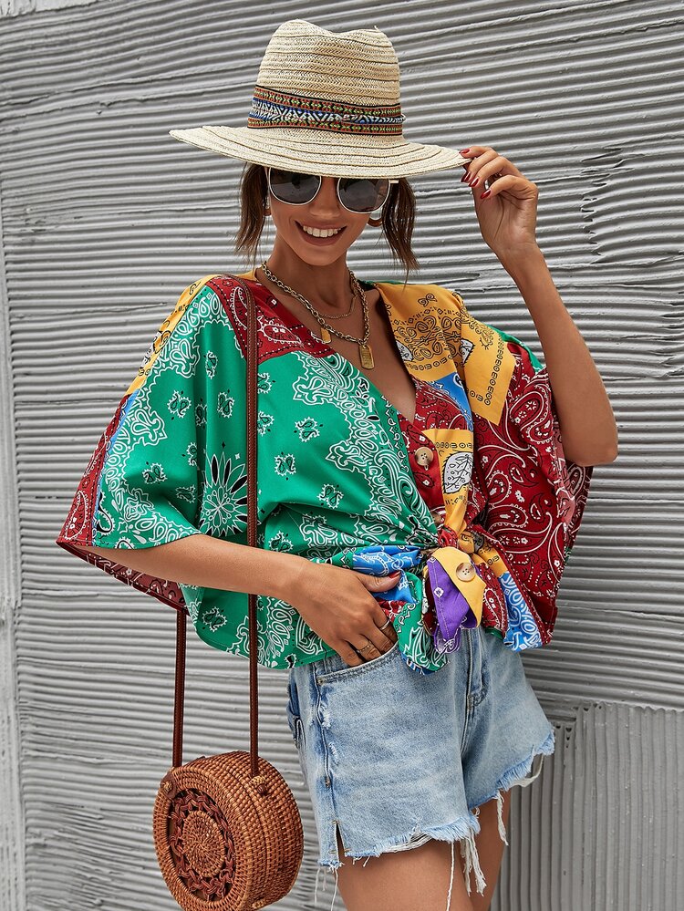 Single Breasted Batwing Sleeve Colorblock Paisley Print Blouse - Multicolor - View 5