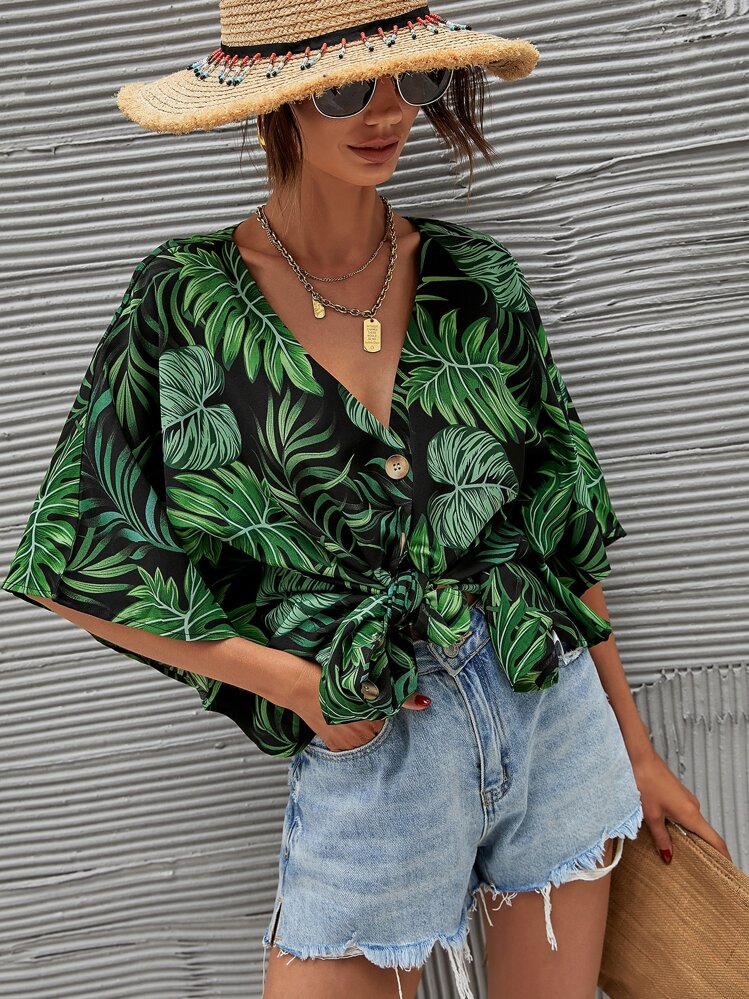 Camisa con botón delantero con estampado de plantas - Multicolor - Añade 1