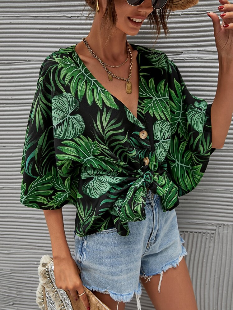 Camisa con botón delantero con estampado de plantas - Multicolor - Añade 3