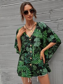 Camisa con botón delantero con estampado de plantas - Multicolor - Ver 4