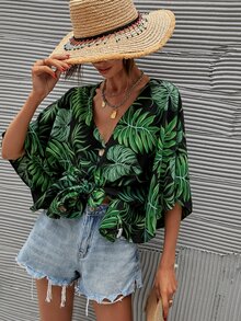 Camisa con botón delantero con estampado de plantas - Multicolor - Ver 5