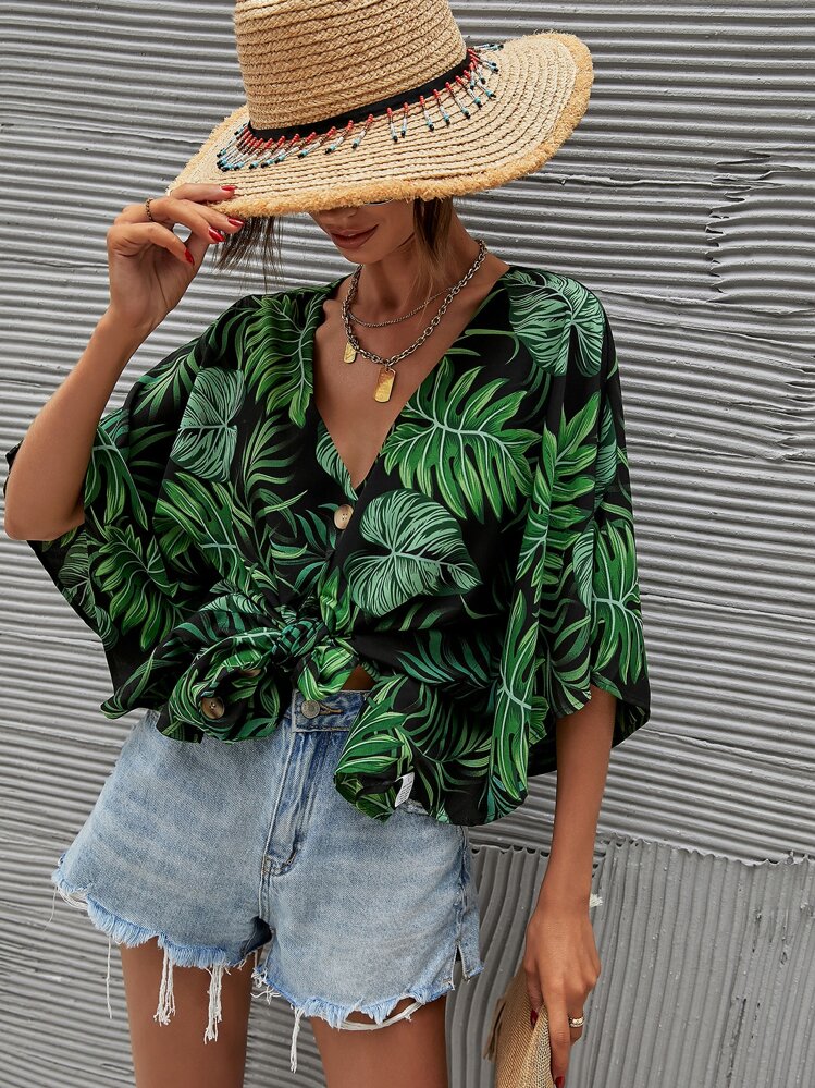 Camisa con botón delantero con estampado de plantas - Multicolor - Añade 5
